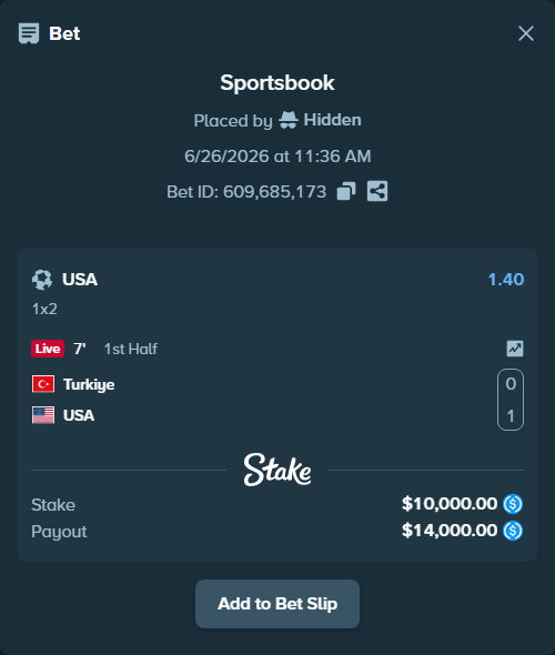 Bet slip: Turkiye - USA, $10,000.00 stake at 1.40 odds, placed by Hidden