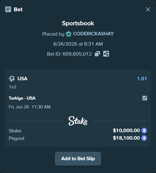 Bet slip: Turkiye - USA, $12,143.59 stake at 1.81 odds, placed by CODERICKASHAY