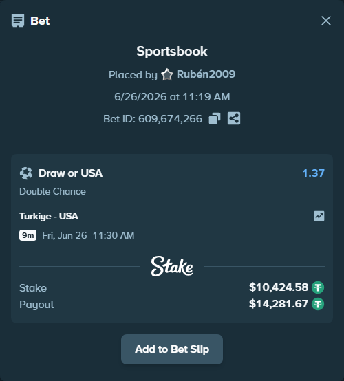 Bet slip: Turkiye - USA, $10,435.00 stake at 1.37 odds, placed by Rubén2009