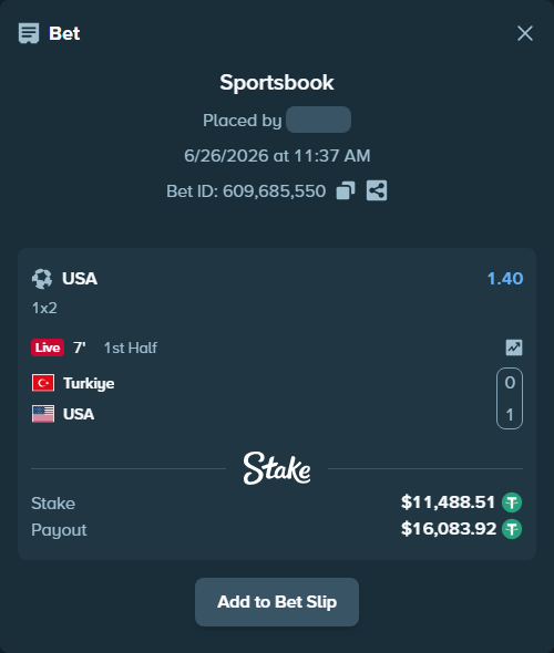 Bet slip: Turkiye - USA, $11,500.00 stake at 1.40 odds, placed by Rubén2009