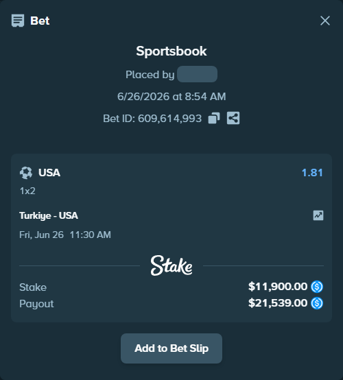 Bet slip: Turkiye - USA, $11,900.00 stake at 1.81 odds, placed by Goatedbacho