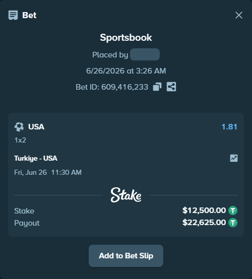 Bet slip: Turkiye - USA, $12,512.50 stake at 1.81 odds, placed by BBN4LIFE