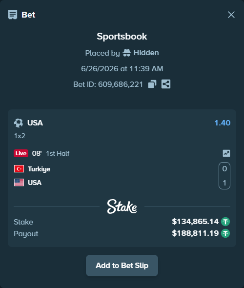 Bet slip: Turkiye - USA, $135,000.00 stake at 1.40 odds, placed by Hidden