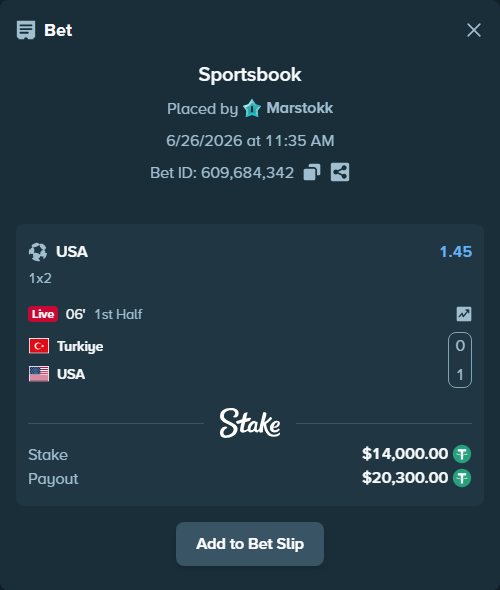 Bet slip: Turkiye - USA, $14,014.00 stake at 1.45 odds, placed by Marstokk