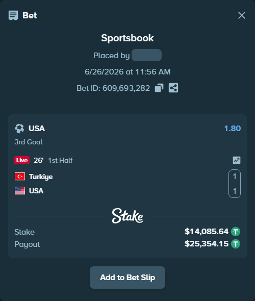Bet slip: Turkiye - USA, $14,099.72 stake at 1.80 odds, placed by Bigfoltz