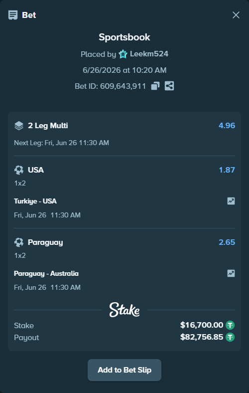 Bet slip: Turkiye - USA, $16,716.70 stake at 1.87 odds, placed by Leekm524