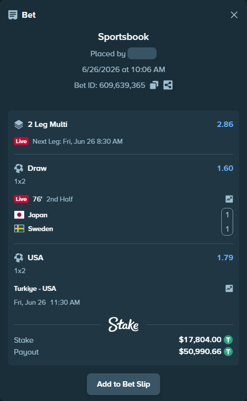 Bet slip: Turkiye - USA, $17,821.80 stake at 1.79 odds, placed by fhvsports