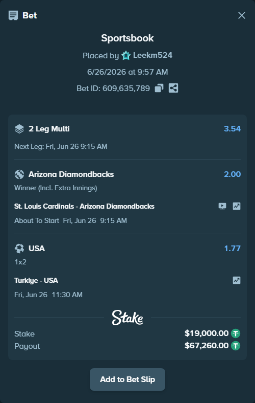 Bet slip: Turkiye - USA, $19,019.00 stake at 1.77 odds, placed by Leekm524