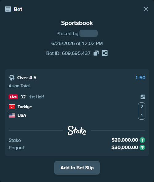 Bet slip: Turkiye - USA, $20,020.00 stake at 1.50 odds, placed by Latino1998