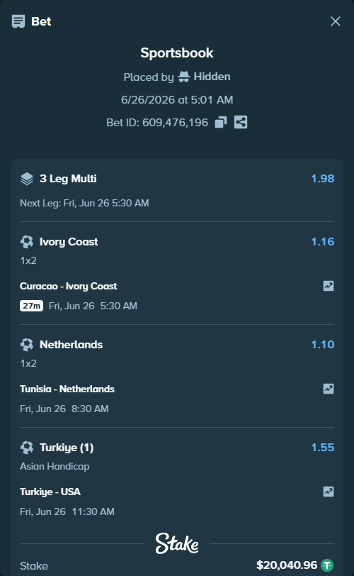 Bet slip: Turkiye - USA, $20,061.00 stake at 1.55 odds, placed by Hidden