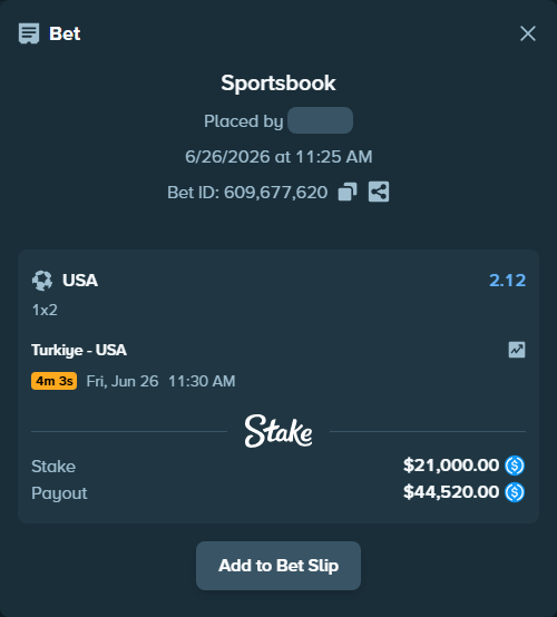 Bet slip: Turkiye - USA, $21,000.00 stake at 2.12 odds, placed by Igorko999