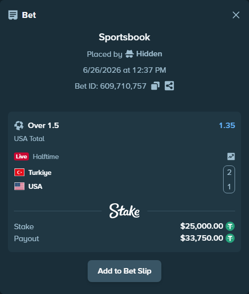 Bet slip: Turkiye - USA, $25,025.00 stake at 1.35 odds, placed by Hidden
