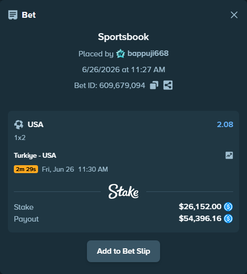 Bet slip: Turkiye - USA, $26,152.00 stake at 2.08 odds, placed by bappuji668