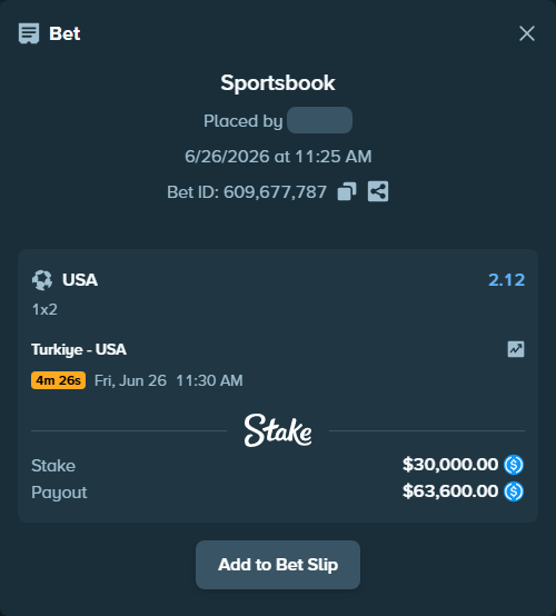 Bet slip: Turkiye - USA, $30,000.00 stake at 2.12 odds, placed by Ugresset