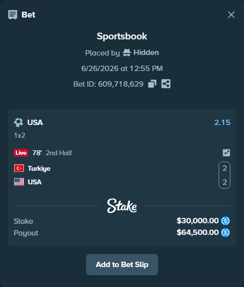 Bet slip: Turkiye - USA, $30,000.00 stake at 2.15 odds, placed by Hidden
