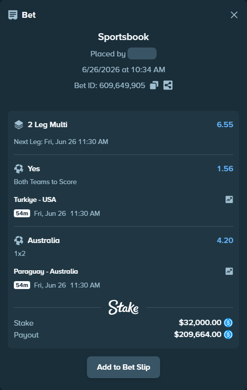 Bet slip: Turkiye - USA, $32,000.00 stake at 1.56 odds, placed by Cabrzy