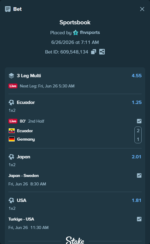 Bet slip: Turkiye - USA, $32,926.99 stake at 1.81 odds, placed by fhvsports
