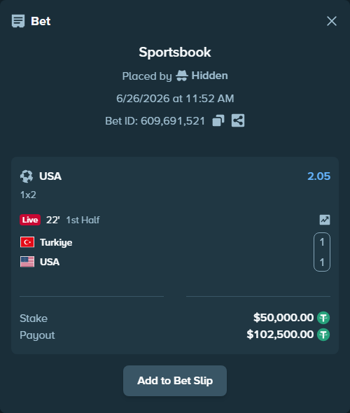 Bet slip: Turkiye - USA, $50,050.00 stake at 2.05 odds, placed by Hidden