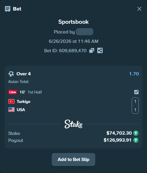 Bet slip: Turkiye - USA, $74,777.00 stake at 1.70 odds, placed by Ooddiinn