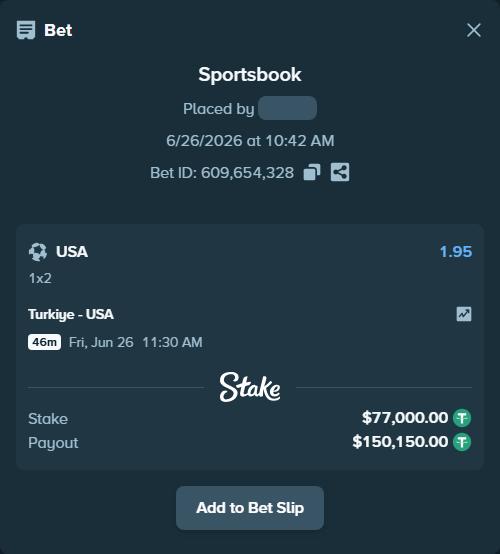 Bet slip: Turkiye - USA, $77,077.00 stake at 1.95 odds, placed by Rosspicks
