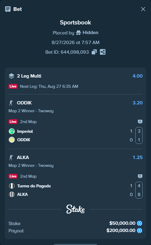 Bet slip: Turma do Pagode - ALKA, $50,000.00 stake at 1.25 odds, placed by Hidden
