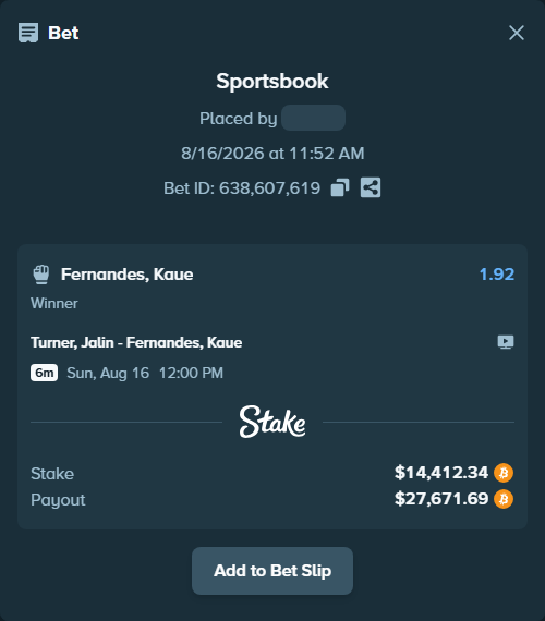 Bet slip: Turner, Jalin - Fernandes, Kaue, $14,434.93 stake at 1.92 odds, placed by theoutlaw