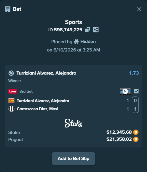 Bet slip: Turriziani Alvarez, Alejandro - Carrascosa Diaz, Maxi, $12,866.00 stake at 1.73 odds, placed by Hidden