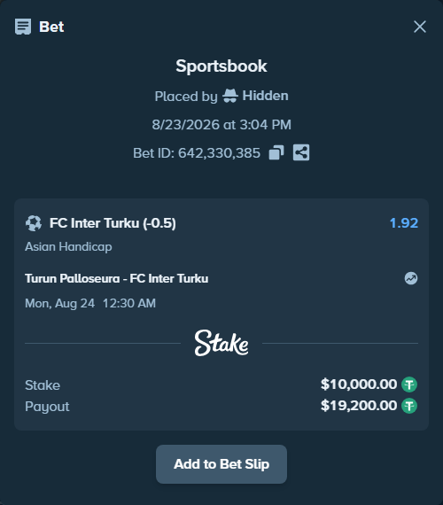 Bet slip: Turun Palloseura - FC Inter Turku, $10,000.00 stake at 1.92 odds, placed by Hidden