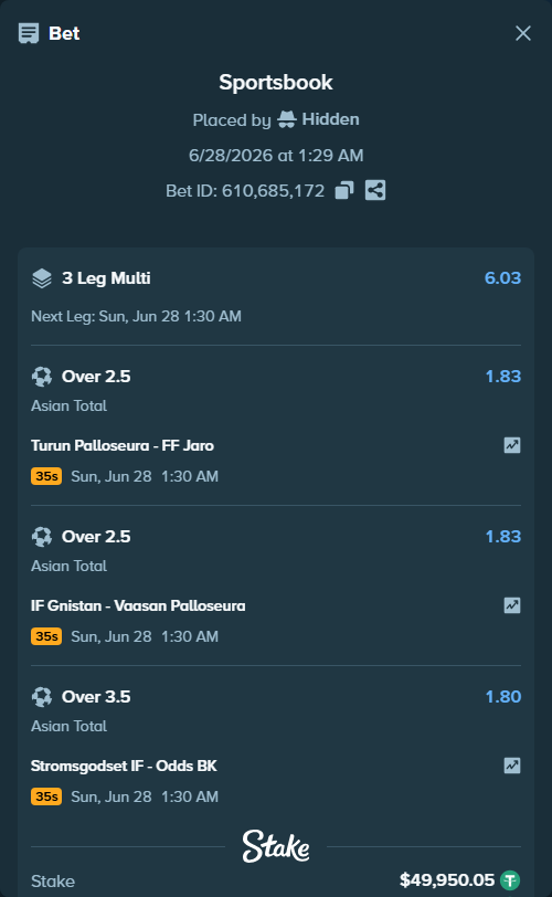 Bet slip: Turun Palloseura - FF Jaro, $50,000.00 stake at 1.83 odds, placed by Hidden