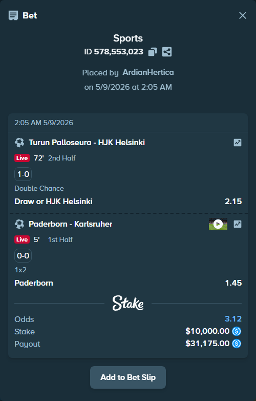 Bet slip: Turun Palloseura - HJK Helsinki, $10,000.00 stake at 2.15 odds, placed by ArdianHertica