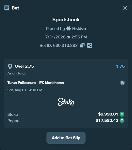 Bet slip: Turun Palloseura - IFK Mariehamn, $10,000.00 stake at 1.76 odds, placed by Hidden