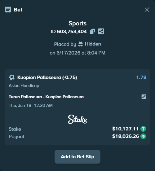 Bet slip: Turun Palloseura - Kuopion Palloseura, $10,137.24 stake at 1.78 odds, placed by Hidden