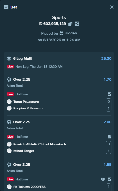 Bet slip: Turun Palloseura - Kuopion Palloseura, $14,602.60 stake at 1.70 odds, placed by Hidden