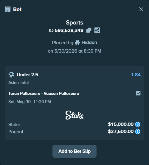 Bet slip: Turun Palloseura - Vaasan Palloseura, $15,000.00 stake at 1.84 odds, placed by Hidden