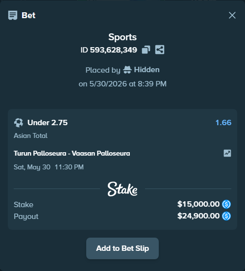 Bet slip: Turun Palloseura - Vaasan Palloseura, $15,000.00 stake at 1.66 odds, placed by Hidden