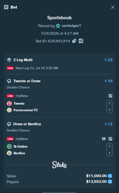 Bet slip: Twente - Ferencvarosi Budapest, $11,000.00 stake at 1.10 odds, placed by cemtulgar1