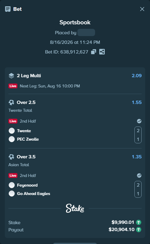 Bet slip: Twente - PEC Zwolle, $10,000.00 stake at 1.55 odds, placed by tlwns4736