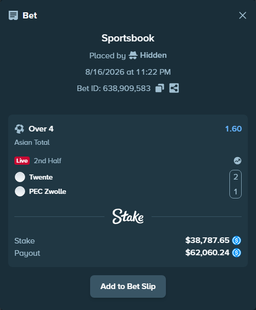 Bet slip: Twente - PEC Zwolle, $38,787.65 stake at 1.60 odds, placed by Hidden