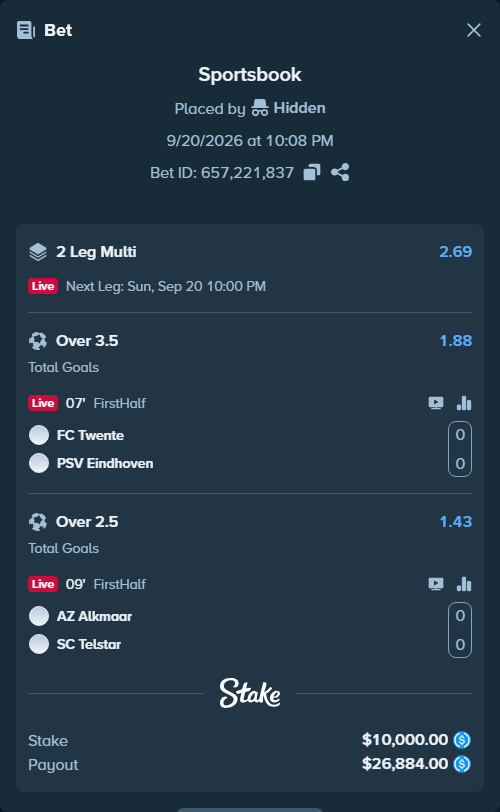 Bet slip: Twente - PSV Eindhoven, $10,000.00 stake at 1.88 odds, placed by Hidden