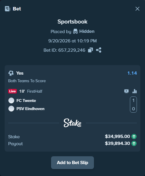 Bet slip: Twente - PSV Eindhoven, $34,995.00 stake at 1.14 odds, placed by Hidden