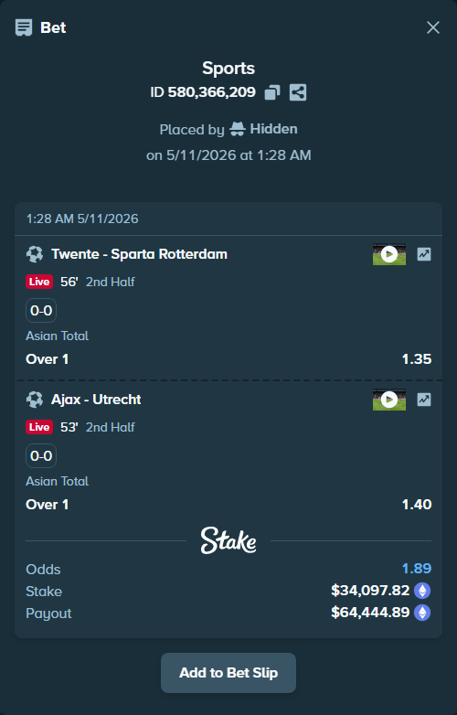 Bet slip: Twente - Sparta Rotterdam, $25,268.02 stake at 1.35 odds, placed by Hidden