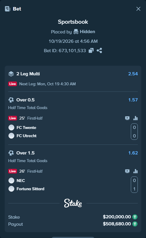 Bet slip: Twente - Utrecht, $200,200.00 stake at 1.57 odds, placed by Hidden