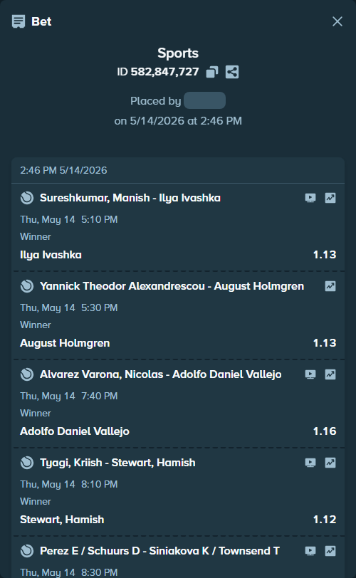 Bet slip: Tyagi, Kriish - Stewart, Hamish, $125,000.00 stake at 1.12 odds, placed by Azuulu