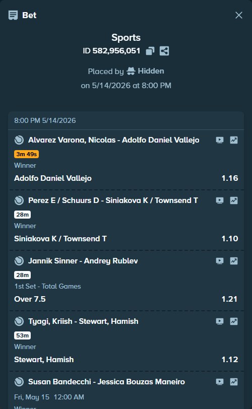 Bet slip: Tyagi, Kriish - Stewart, Hamish, $132,760.52 stake at 1.12 odds, placed by Hidden