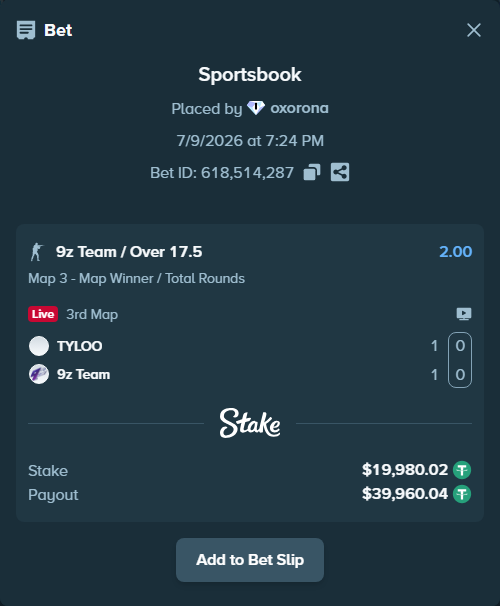 Bet slip: TYLOO - 9z Team, $20,000.00 stake at 2.00 odds, placed by oxorona