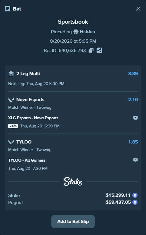 Bet slip: TYLOO - All Gamers, $15,481.46 stake at 1.85 odds, placed by Hidden