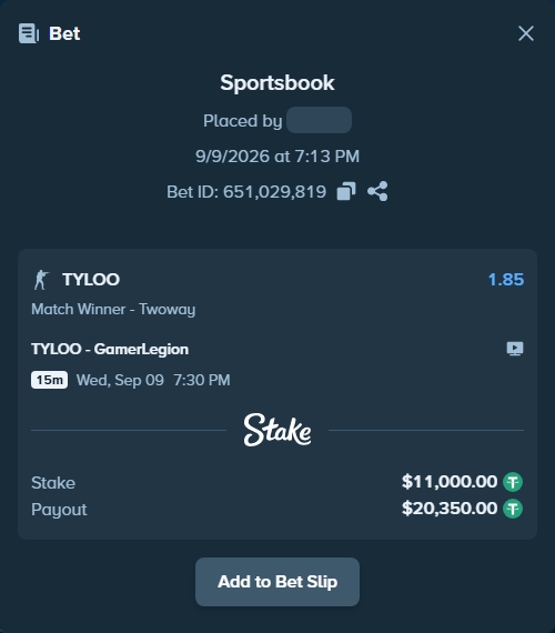 Bet slip: TYLOO - GamerLegion, $11,000.00 stake at 1.85 odds, placed by Håvardlied2004
