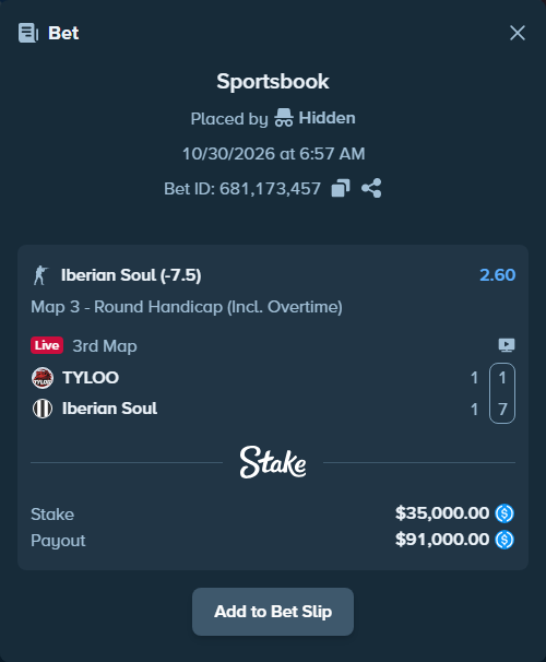 Bet slip: TYLOO - Iberian Soul, $35,000.00 stake at 2.60 odds, placed by Hidden