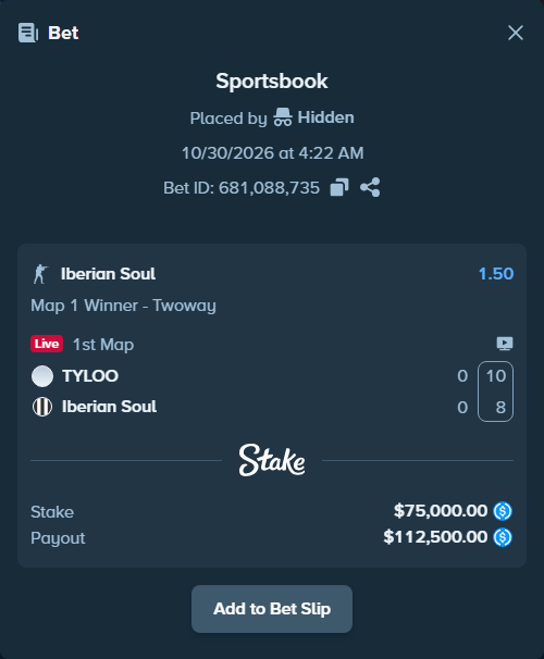 Bet slip: TYLOO - Iberian Soul, $75,000.00 stake at 1.50 odds, placed by Hidden