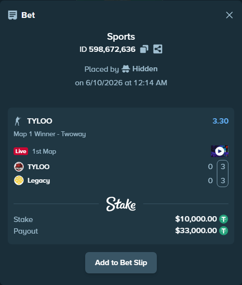 Bet slip: TYLOO - Legacy, $10,010.00 stake at 3.30 odds, placed by Hidden